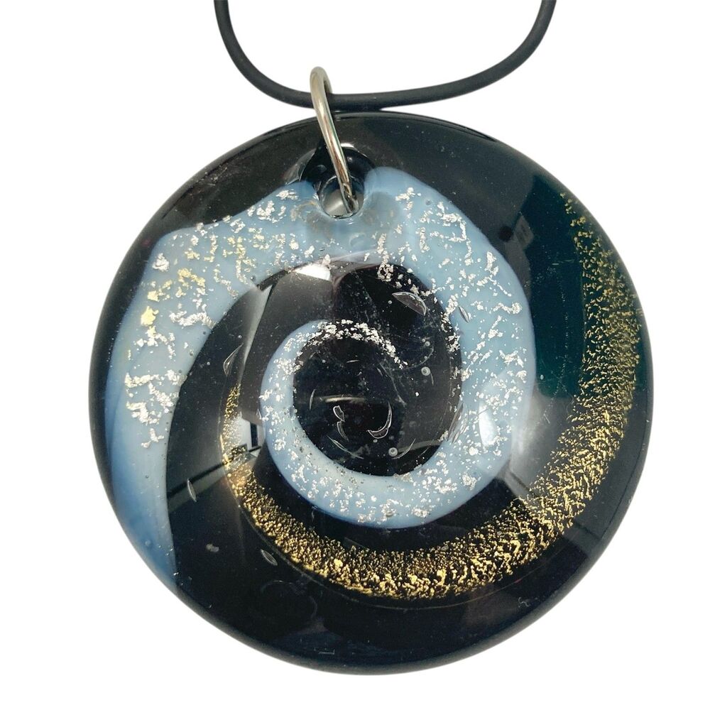 Vtg Murano Style Art Glass Pendant Necklace Black Cord 22" Black Copper White